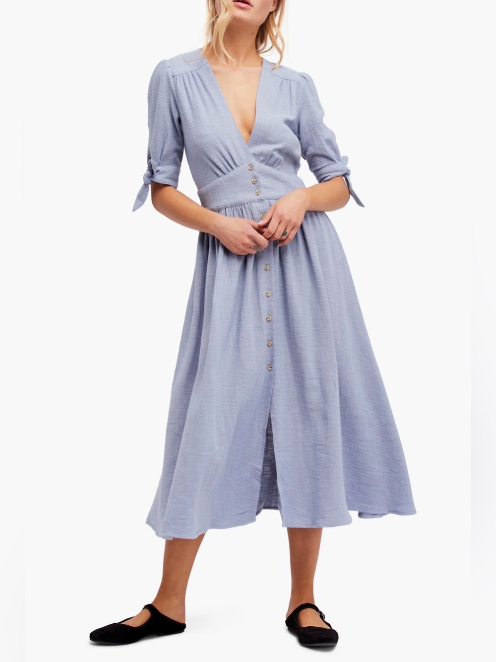 Free People L Blue Cotton Maxi Dress Button Front Tie Sleeve Boho Prairie